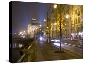 Boulevard along Vltava River and National Theatre, Prague, Czech Republic-Alan Klehr-Stretched Canvas