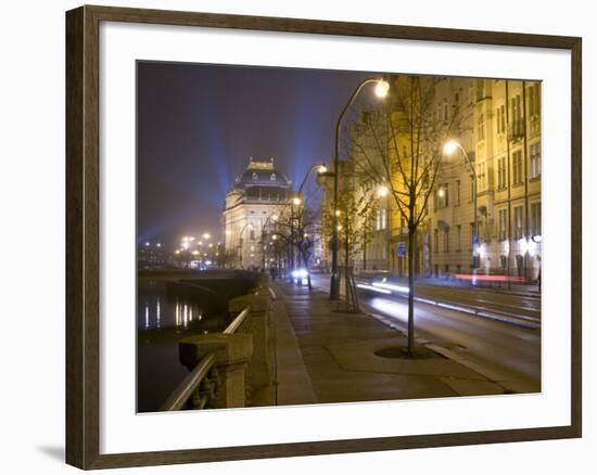 Boulevard along Vltava River and National Theatre, Prague, Czech Republic-Alan Klehr-Framed Photographic Print