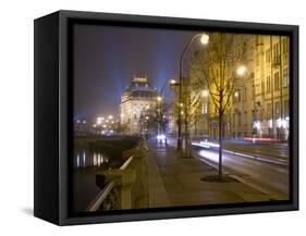 Boulevard along Vltava River and National Theatre, Prague, Czech Republic-Alan Klehr-Framed Stretched Canvas