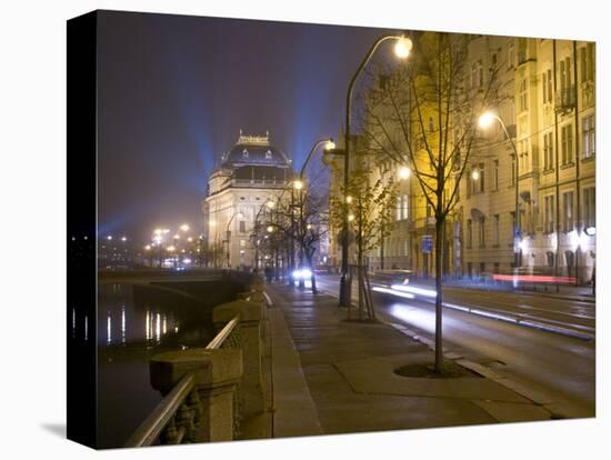 Boulevard along Vltava River and National Theatre, Prague, Czech Republic-Alan Klehr-Stretched Canvas