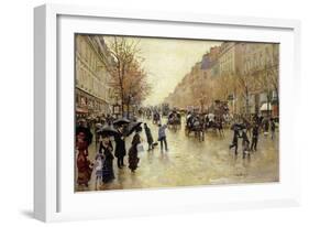 Boulevard Poissoniere in the Rain, circa 1885-Jean Béraud-Framed Giclee Print