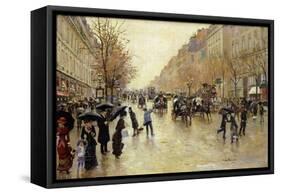 Boulevard Poissoniere in the Rain, circa 1885-Jean Béraud-Framed Stretched Canvas