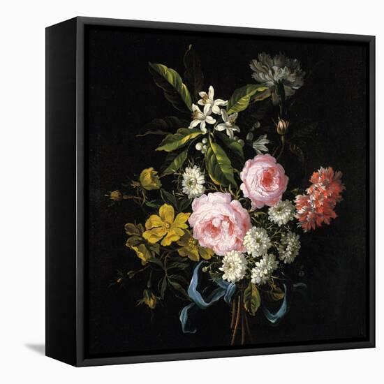 Bouquet of Chamomile, Roses, Orange Blossom and Carnations Tied with a Blue Ribbon-Jean-Baptiste Monnoyer-Framed Stretched Canvas