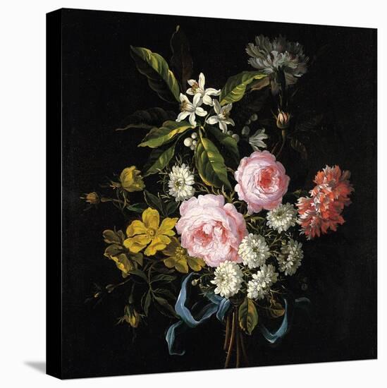 Bouquet of Chamomile, Roses, Orange Blossom and Carnations Tied with a Blue Ribbon-Jean-Baptiste Monnoyer-Stretched Canvas