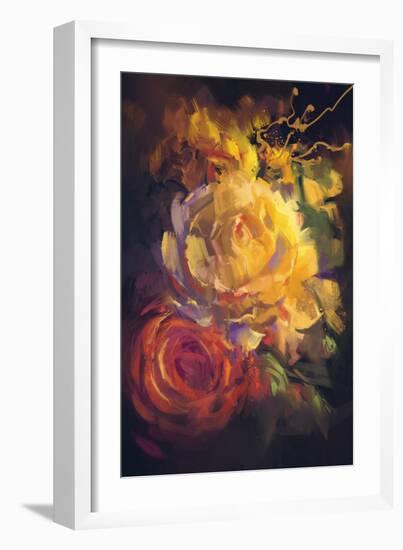 Bouquet of Colorful Roses with Oil Painting Style,Illustration-Tithi Luadthong-Framed Art Print