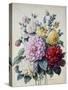 Bouquet of Flowers, Dahlias and Roses, Published C.1830-40 (Stipple Hand Coloured)-Camille de Chantereine-Stretched Canvas