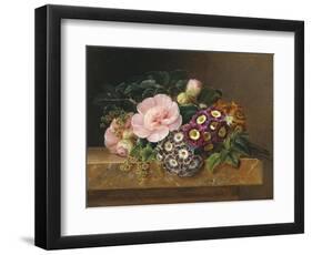 Bouquet of Pink Camellias and Primula on Marble Ledge-Johan Laurentz Jensen-Framed Premium Giclee Print