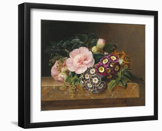 Bouquet of Pink Camellias and Primula on Marble Ledge-Johan Laurentz Jensen-Framed Giclee Print