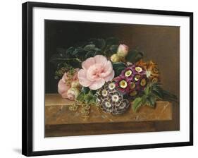 Bouquet of Pink Camellias and Primula on Marble Ledge-Johan Laurentz Jensen-Framed Giclee Print