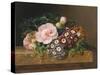 Bouquet of Pink Camellias and Primula on Marble Ledge-Johan Laurentz Jensen-Stretched Canvas