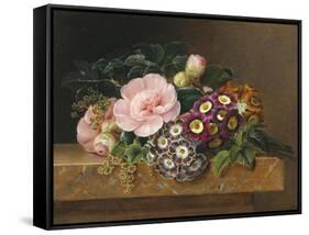 Bouquet of Pink Camellias and Primula on Marble Ledge-Johan Laurentz Jensen-Framed Stretched Canvas