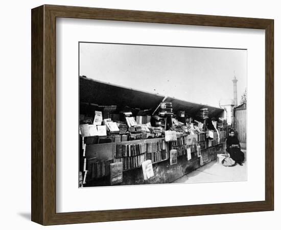 Bouquiniste Beside the River Seine in Paris, C.1900 (B/W Photo)-French Photographer-Framed Giclee Print