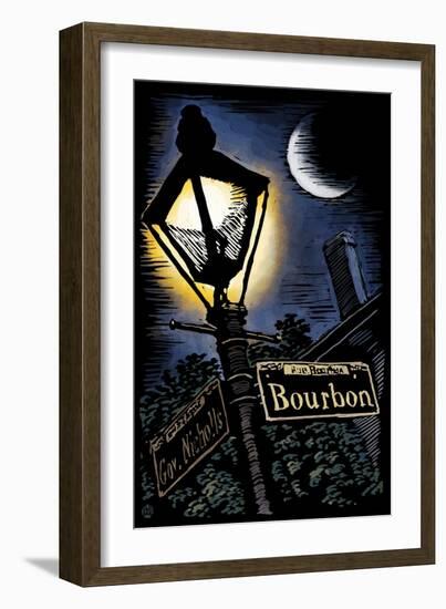 Bourbon Street - New Orleans, Louisiana - Scratchboard-Lantern Press-Framed Art Print