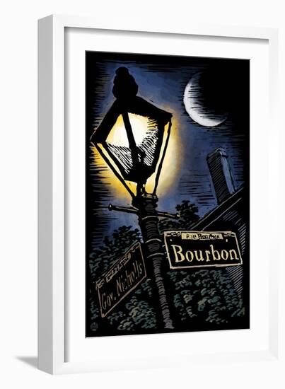 Bourbon Street - New Orleans, Louisiana - Scratchboard-Lantern Press-Framed Art Print