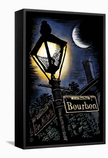 Bourbon Street - New Orleans, Louisiana - Scratchboard-Lantern Press-Framed Stretched Canvas