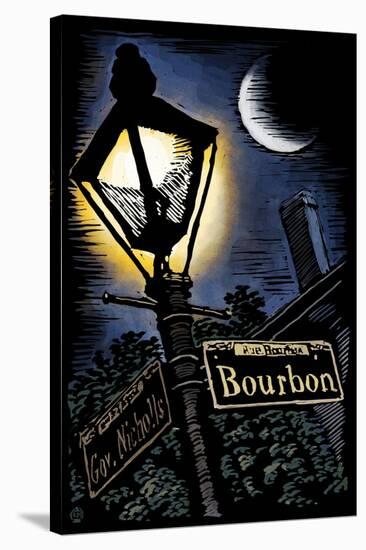 Bourbon Street - New Orleans, Louisiana - Scratchboard-Lantern Press-Stretched Canvas