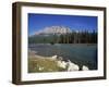 Bow River with Trees and Castle Mountain Beyond in the Banff National Park, Alberta, Canada-Hans Peter Merten-Framed Photographic Print