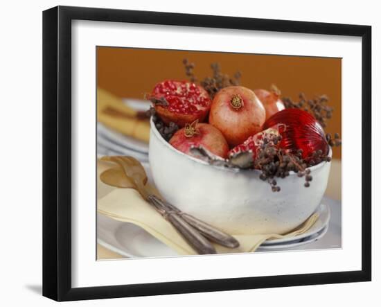 Bowl of Pomegranates & Xmas Tree Baubles as Table Decoration-Luzia Ellert-Framed Photographic Print