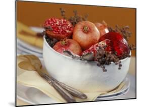 Bowl of Pomegranates & Xmas Tree Baubles as Table Decoration-Luzia Ellert-Mounted Photographic Print