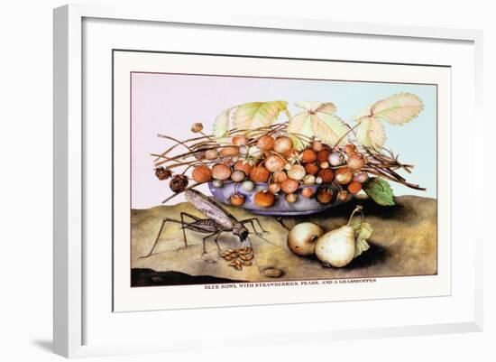 Bowl of Strawberries, Pears and a Grasshopper-Giovanna Garzoni-Framed Art Print