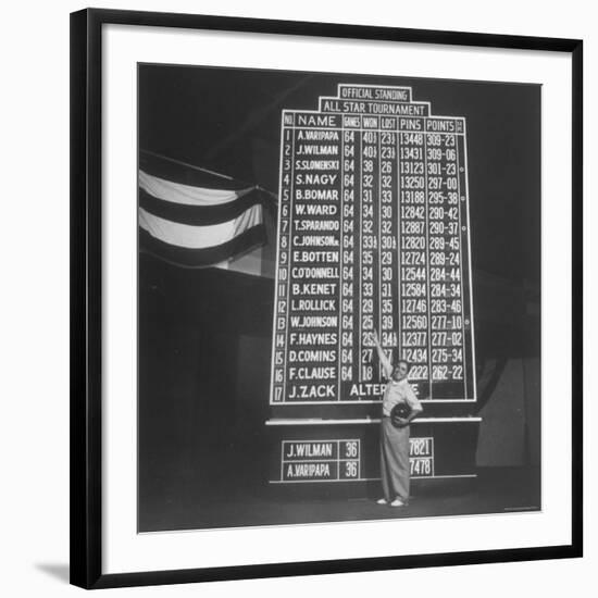 Bowler Andy Varipapa, Pointing to His Winning Score on Board-George Skadding-Framed Premium Photographic Print