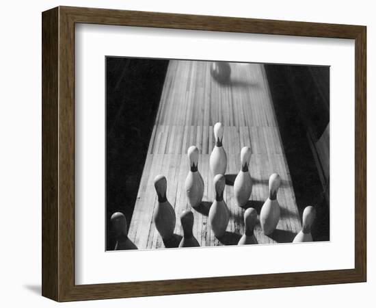 Bowling Ball Rolling Toward Pins-Philip Gendreau-Framed Photographic Print