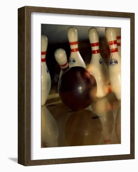 Bowling Ball Striking Pins-null-Framed Photographic Print