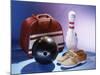 Bowling Ball with a Bowling Pin and Bowling Shoes-null-Mounted Photographic Print