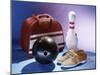 Bowling Ball with a Bowling Pin and Bowling Shoes-null-Mounted Photographic Print