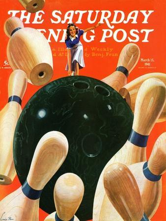Bowling Strike," Saturday Evening Post Cover, March 15, 1941' Giclee Print  - Lonie Bee | AllPosters.com