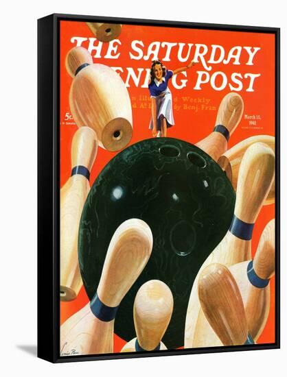 "Bowling Strike," Saturday Evening Post Cover, March 15, 1941-Lonie Bee-Framed Stretched Canvas