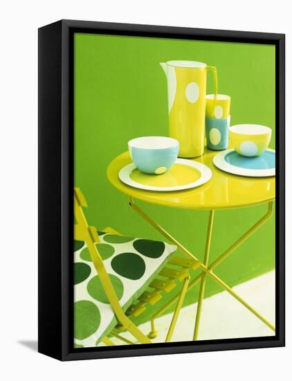 Bowls, Beakers and Coffee Pot on Yellow Metal Table-Benedetta Spinelli-Framed Stretched Canvas