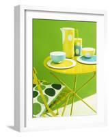 Bowls, Beakers and Coffee Pot on Yellow Metal Table-Benedetta Spinelli-Framed Photographic Print