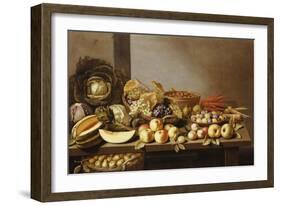 Bowls of Fruit and Nuts on a Wooden Table with a Basket of Pears Beneath-Floris van Schooten-Framed Giclee Print