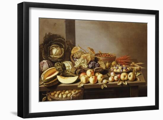Bowls of Fruit and Nuts on a Wooden Table with a Basket of Pears Beneath-Floris van Schooten-Framed Giclee Print