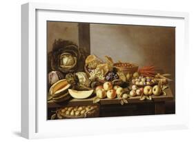 Bowls of Fruit and Nuts on a Wooden Table with a Basket of Pears Beneath-Floris van Schooten-Framed Giclee Print