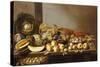 Bowls of Fruit and Nuts on a Wooden Table with a Basket of Pears Beneath-Floris van Schooten-Stretched Canvas