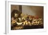 Bowls of Fruit and Nuts on a Wooden Table with a Basket of Pears Beneath-Floris van Schooten-Framed Giclee Print
