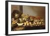 Bowls of Fruit and Nuts on a Wooden Table with a Basket of Pears Beneath-Floris van Schooten-Framed Giclee Print