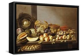 Bowls of Fruit and Nuts on a Wooden Table with a Basket of Pears Beneath-Floris van Schooten-Framed Stretched Canvas