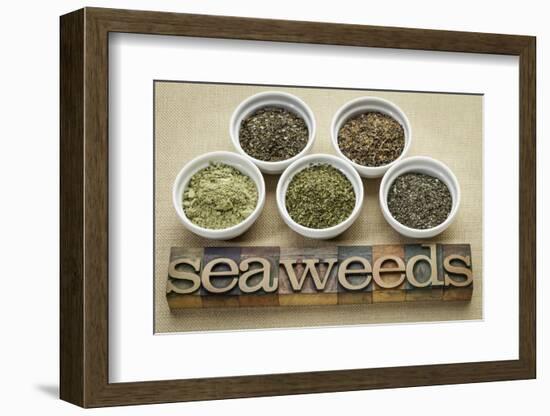 Bowls of Seaweed Diet Supplements (Bladderwrack, Sea Lettuce, Kelp Powder, Wakame and Irish Moss)-PixelsAway-Framed Photographic Print