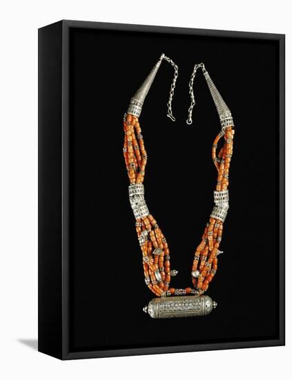 Bowsani-Style Beaded Necklace Made of Coral and Filigreed Silver Elements-null-Framed Stretched Canvas