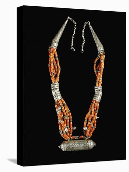 Bowsani-Style Beaded Necklace Made of Coral and Filigreed Silver Elements-null-Stretched Canvas
