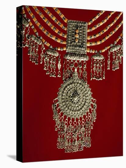 Bowsani-Style Lazem Necklace Composed of Five Strands of Coral Beads and Filigreed Silver Pendant-null-Stretched Canvas