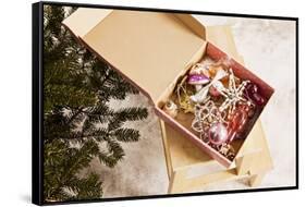 Box with Chistmas Ornaments Next to Christmas Tree, Munich, Bavaria, Germany-Dario Secen-Framed Stretched Canvas