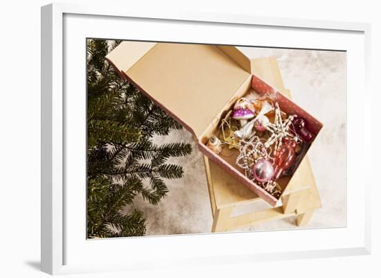 Box with Chistmas Ornaments Next to Christmas Tree, Munich, Bavaria, Germany-Dario Secen-Framed Photographic Print