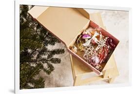 Box with Chistmas Ornaments Next to Christmas Tree, Munich, Bavaria, Germany-Dario Secen-Framed Photographic Print