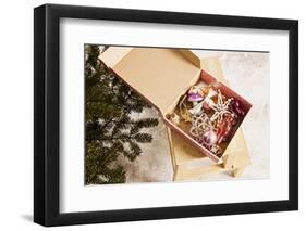 Box with Chistmas Ornaments Next to Christmas Tree, Munich, Bavaria, Germany-Dario Secen-Framed Photographic Print