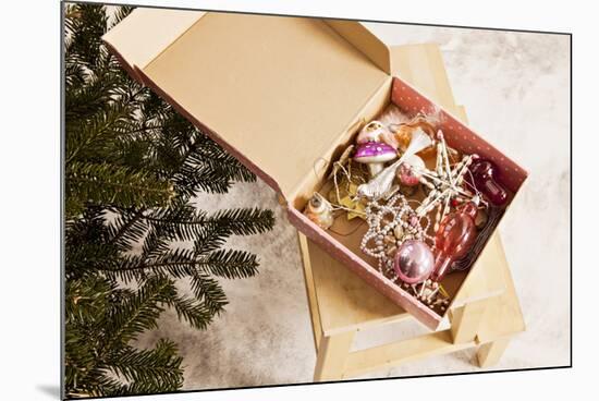 Box with Chistmas Ornaments Next to Christmas Tree, Munich, Bavaria, Germany-Dario Secen-Mounted Photographic Print