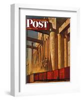 "Boxcars at Grain Elevators," Saturday Evening Post Cover, October 4, 1947-John Atherton-Framed Giclee Print